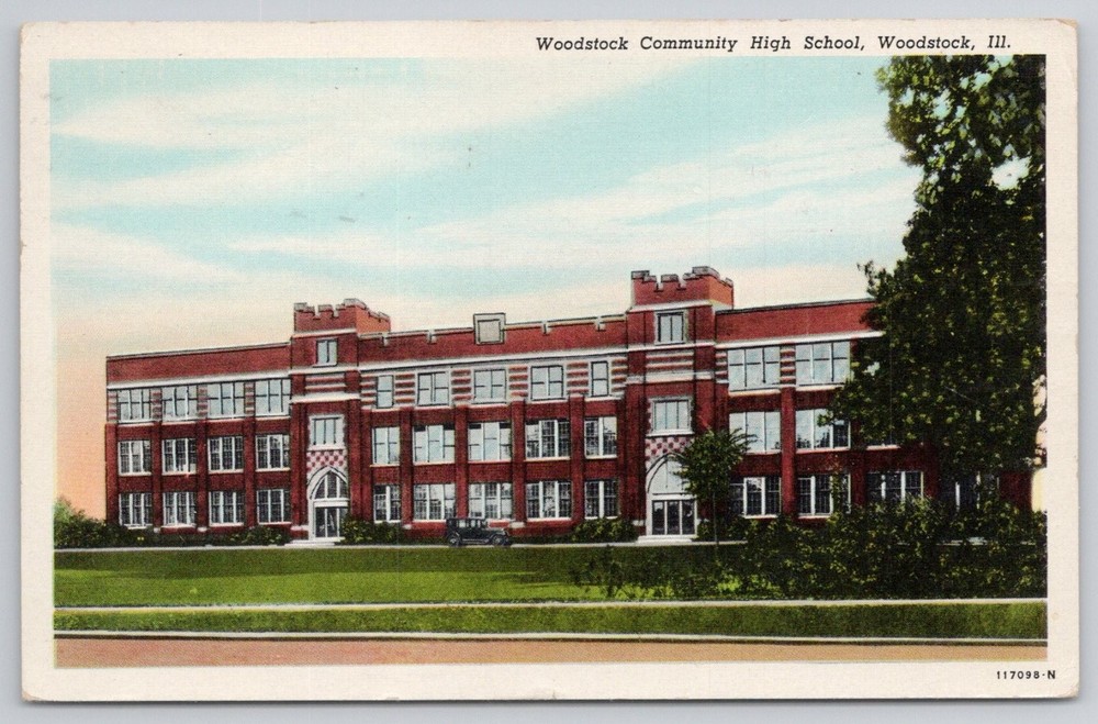 Woodstock Community High School Illinois 1945 Curt Teich Linen Postcard