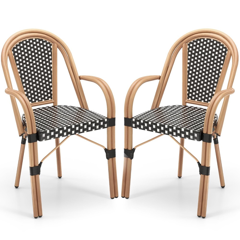 Outdoor French Bistro Chairs Set of 2, Hand-Woven PE Wicker Patio Chairs with...