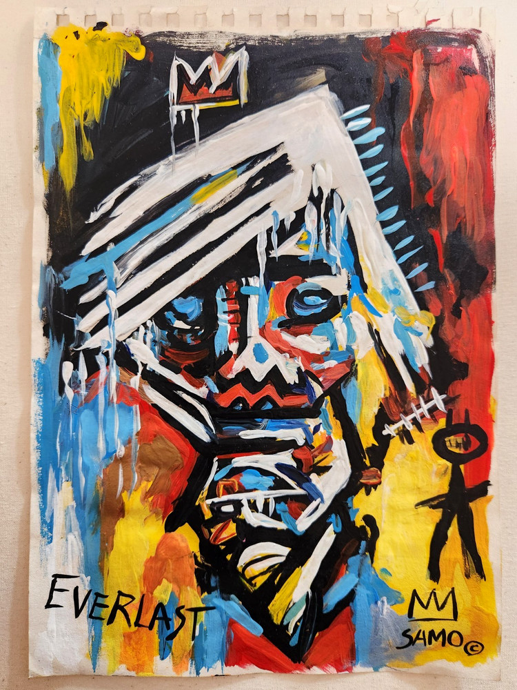 JEAN MICHEL BASQUIAT 12x9 in. Painting on paper (Andy Warhol) signed & stamped