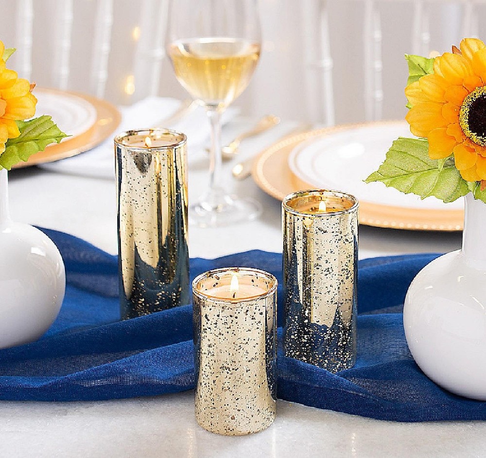 Graduated Cylinder Candle Holders Speckled Golden Finish Mercury Glass 3-PC NEW