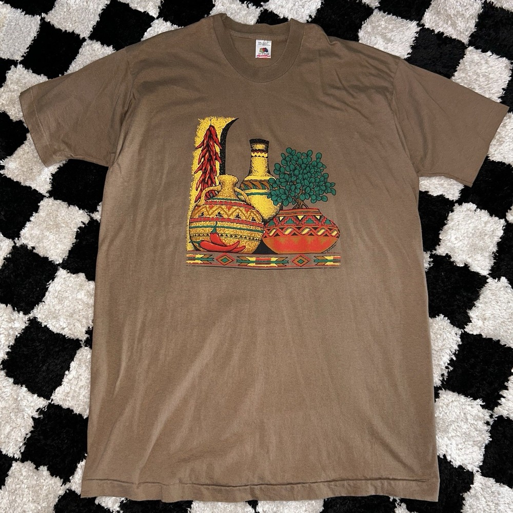 Vintage XXL Southwestern Vase Chili Peppers T-Shirt Brown Single Stitch ART USA