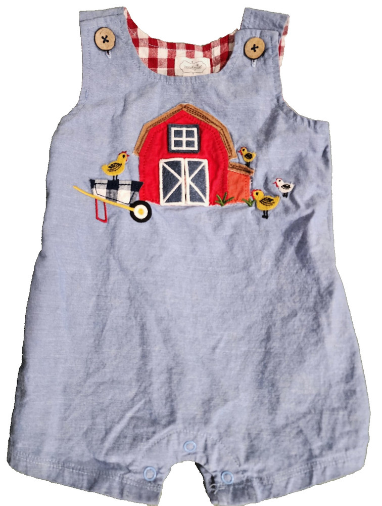 Mudpie 9 - 12 months Chambray shortalls with red plaid interior. Barn scene