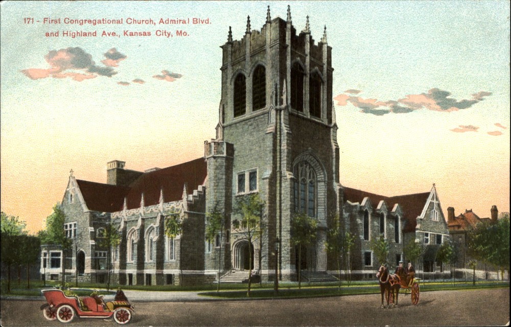 First Congregational Church Kansas City Missouri MO antique car ~ c1910