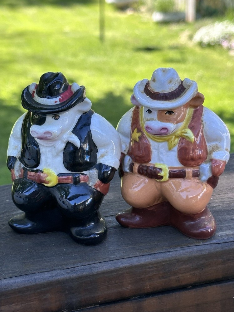 1990’s Vintage Ceramic Cow Cowboy Salt & Pepper Shakers, Farmhouse, Southwestern