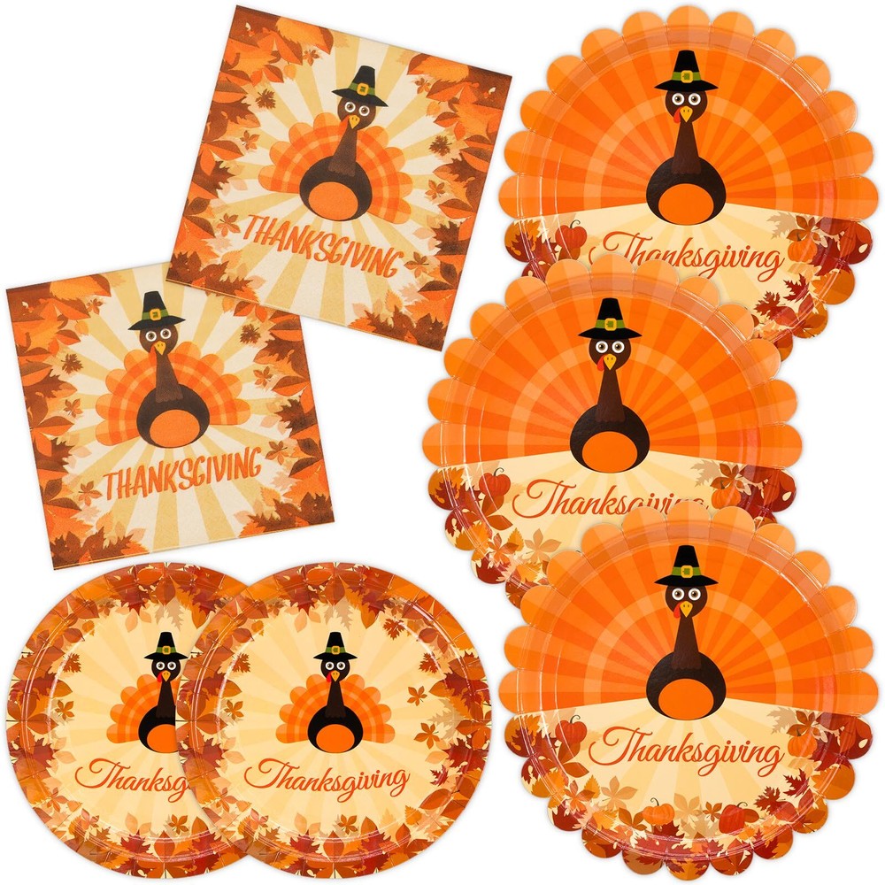 150-Pc Thanksgiving Harvest Paper Plates and Napkins Set with Pumpkin Design