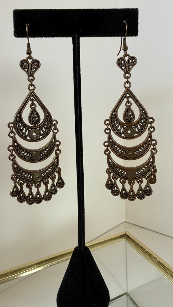 Vintage Boho Filigree Chandelier Earrings | Antique Bronze Tone 3.5”