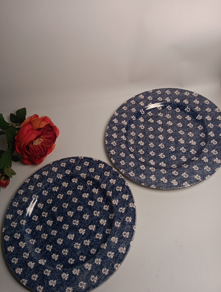 RALPH LAUREN  Denimware Nellie Reverse 2 DINNER PLATES White on Denim Blue