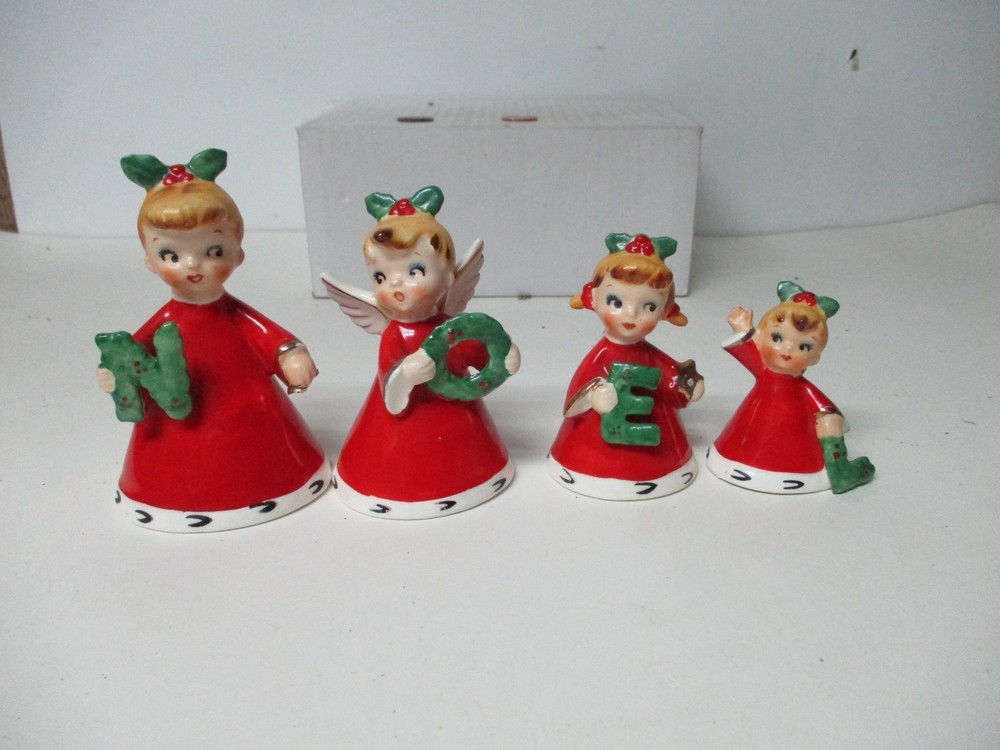 Vintage NAPCO Japan Ceramic Christmas NOEL Graduated Bell Angels