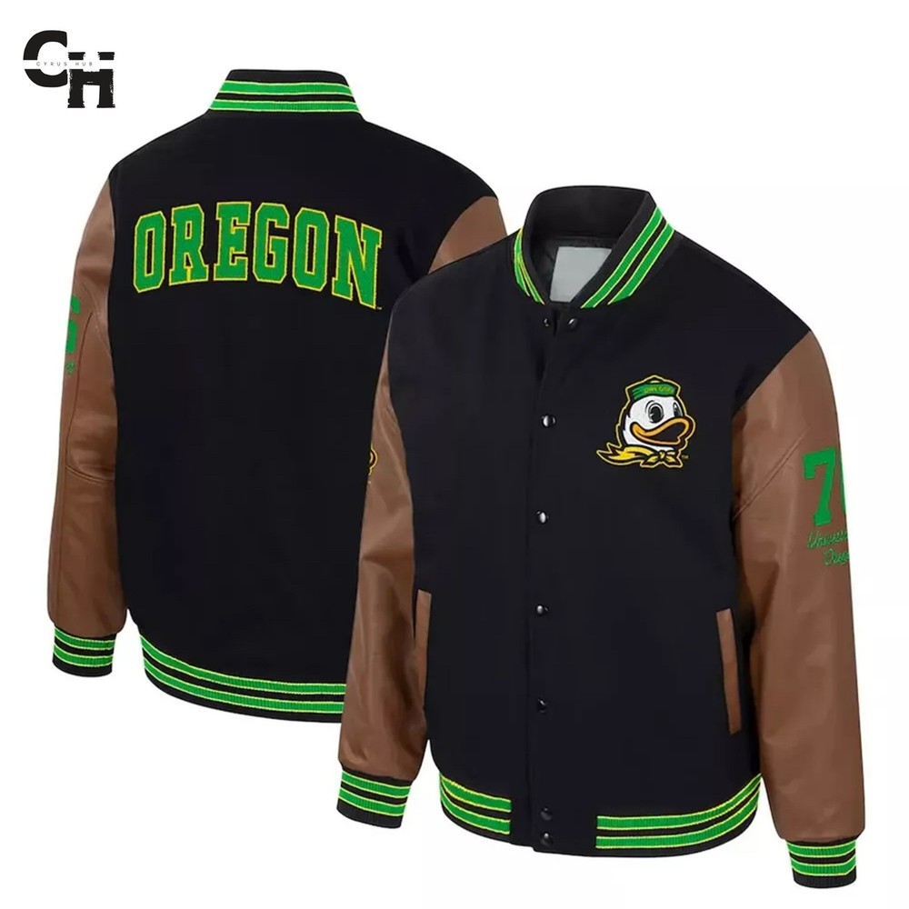 New Letterman Oregon Ducks Black Wool and Brown Leather Sleeves Varsity Jacket
