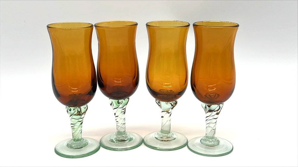 Set of 4 Vintage Hand Blown Amber Art Glass Cordial Glasses Green Twisted Stems