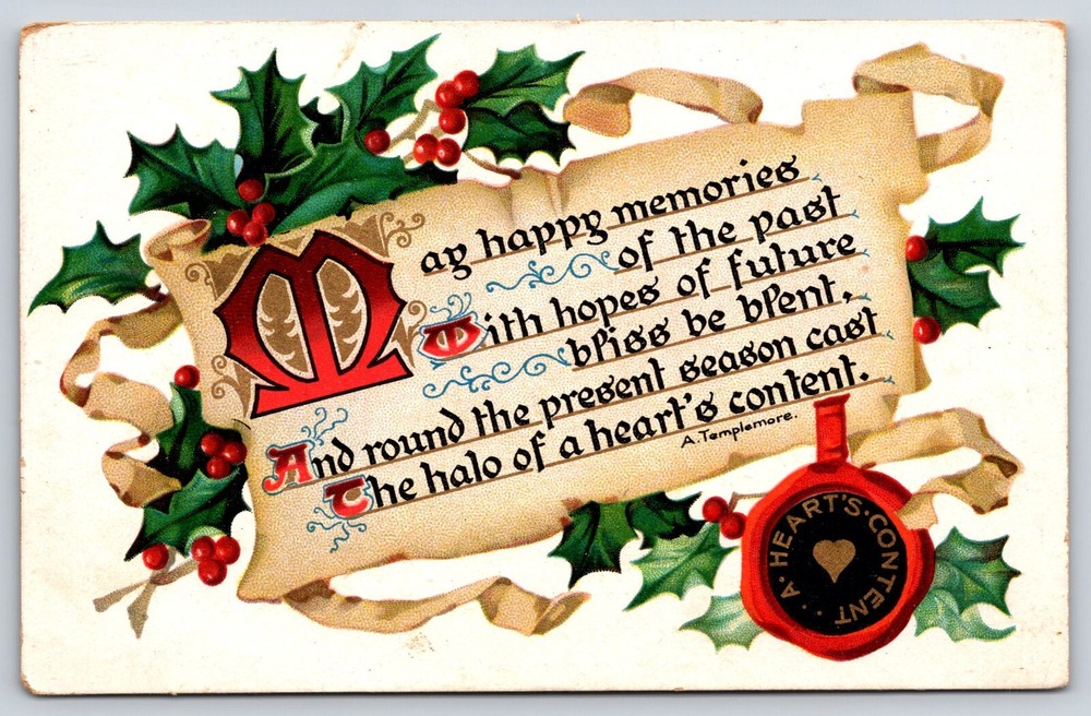 Antique Vintage Christmas Postcard Holiday Holly Ribbon Heart Poem Tuck's