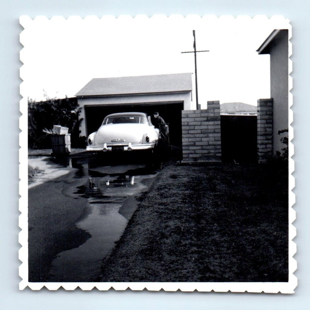 Old Vintage Square Photo MAN WASHING CLASSIC CAR 1950 BUICK SPECIAL SNAPSHOT