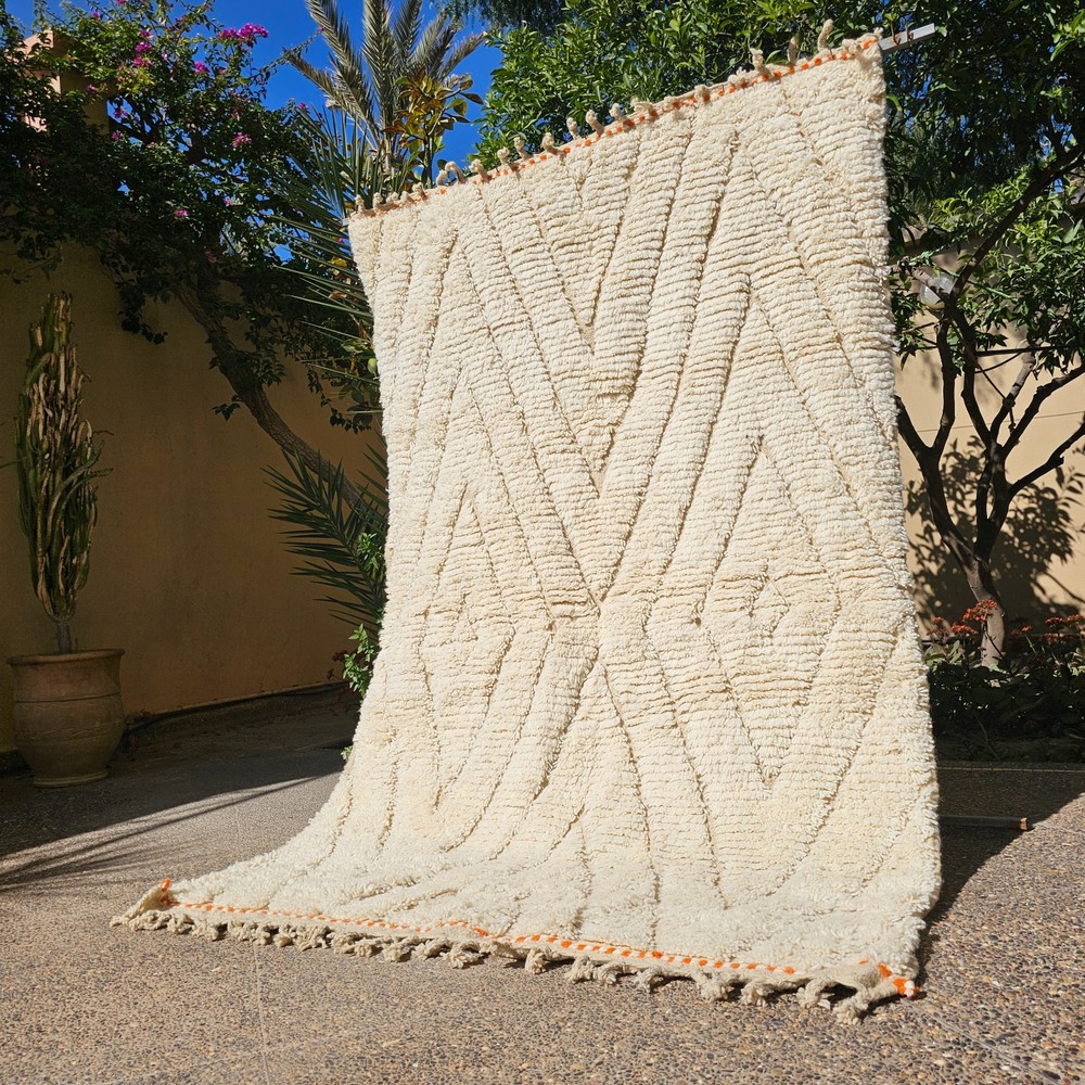 8x5 Moroccan Wool Rug, Beniourain Rug, Cream White Rug, Minimalist Boho Carpet