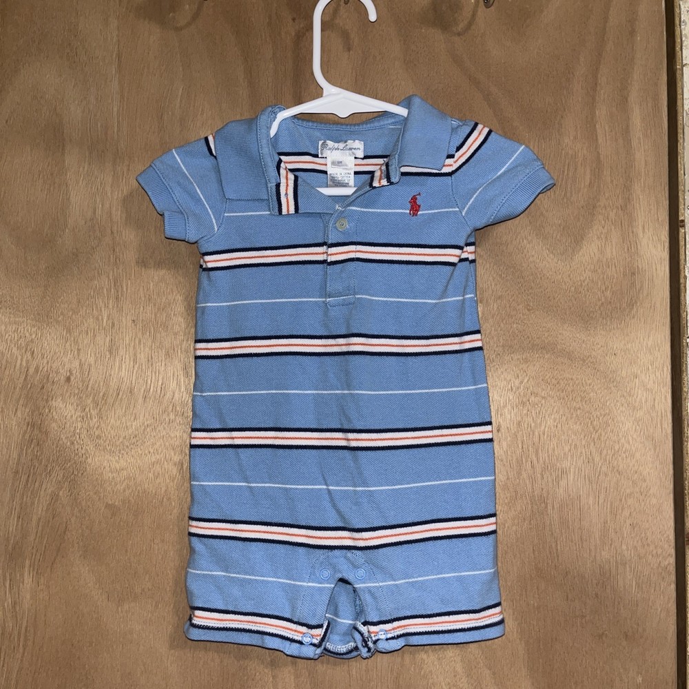 Ralph Lauren Polo Shortall Baby Boy 3 mo Blue Striped Romper Pony Outfit One Pc