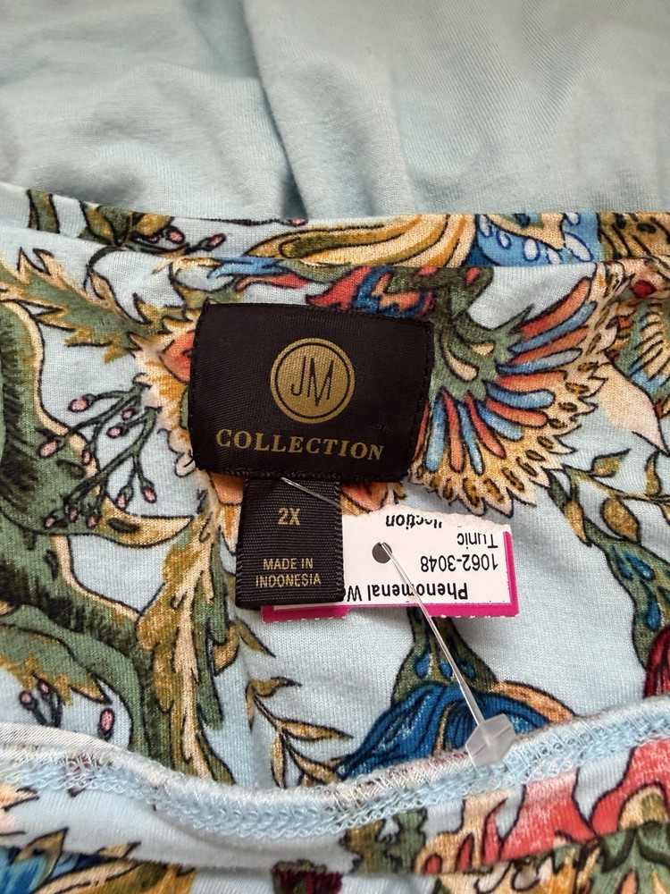JM Collection Women’s Blue Multicolor Floral Scoop Neck 3/4 Sleeve Top Plus 2X