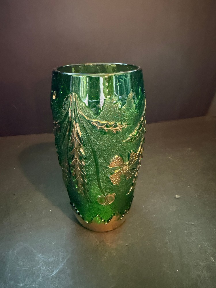 Antique EAPG U.S. Glass Delaware Pattern Emerald Green Vase Floral Leaf Pressed