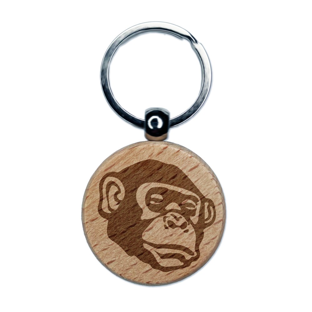 Bonobo Chimpanzee Ape Face Engraved Wood Round Keychain Tag Charm