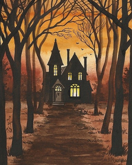 8x10 PRINT OF HALLOWEEN PAINTING RYTA HAUNTED HOUSE BATS FALL folk art forest 🎃