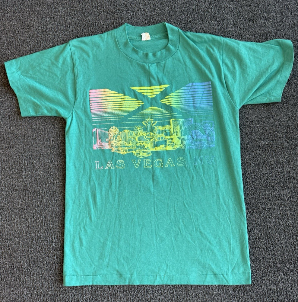 Vintage 80's Las Vegas T Shirt Adult Medium Green Single Stitch Tourist Casino