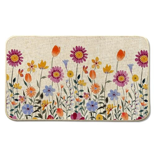 Spring Floral Front Door Mat Indoor Outdoor Entrance 17x29, Summer Flowers