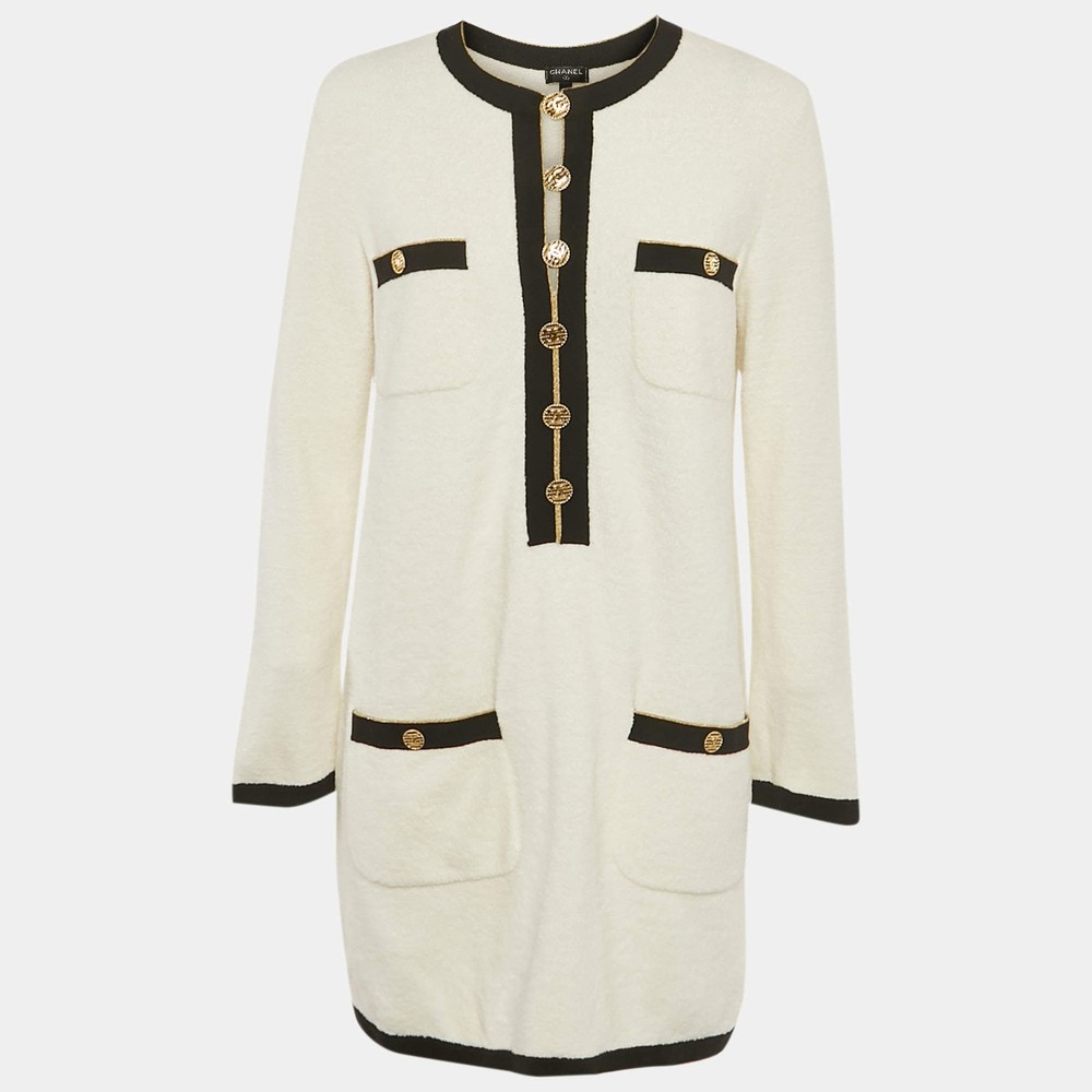 Chanel White Cotton Terry Button Detail Mini Dress M
