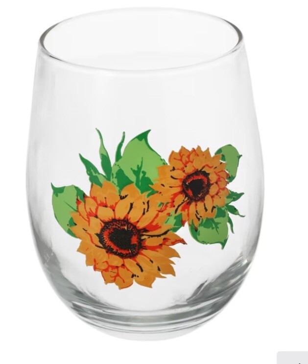 Hidalglass 17oz Stemless Wine Glass for Cocktails Beer or Wine Sunflower Design  
