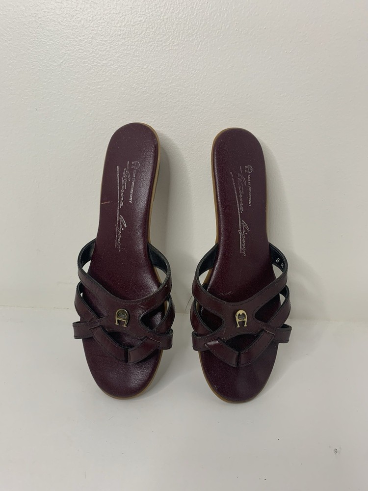 VTG Etienne Aigner Strappy Thong Sandals Oxblood Burgundy Leather A Brass Logo 8