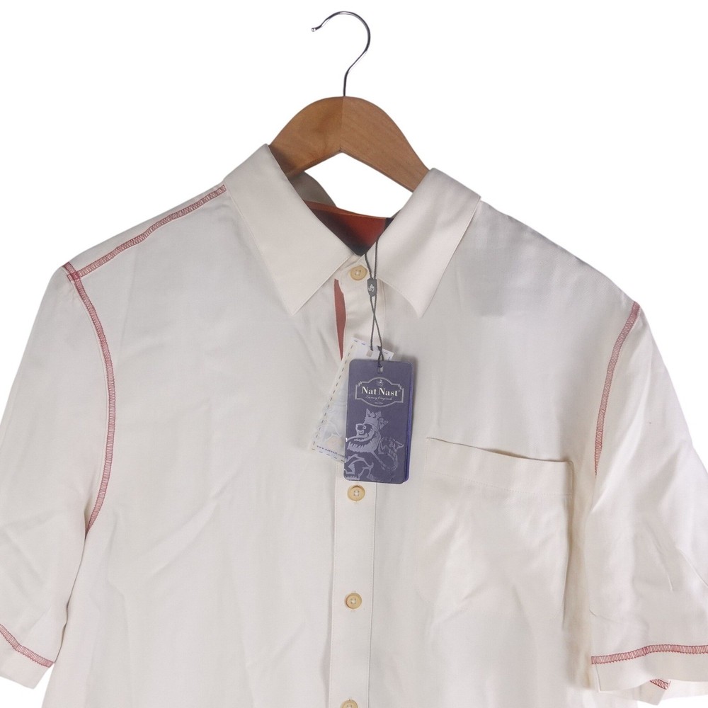 Nat Nast Luxury Originals Mens Medium Silk Short Sleeve Button Down Shirt Cream