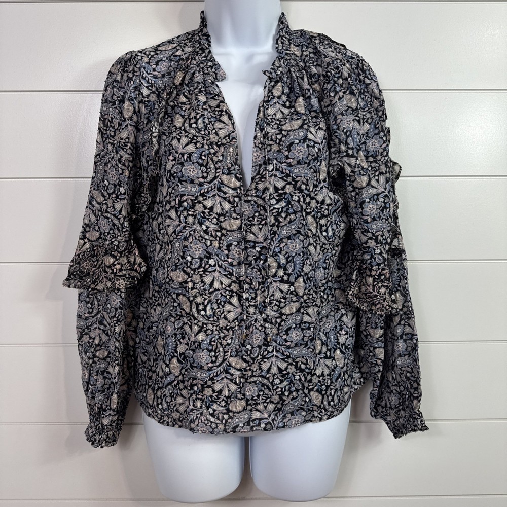 Women's Intermix Black Floral Print Long Sleeve Ruffle Silk Blouse sz P XS