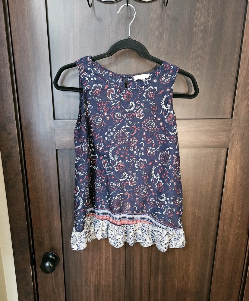 EUC Women's Navy Blue Floral Boho Sleeveless Tank Top Blouse Size Small
