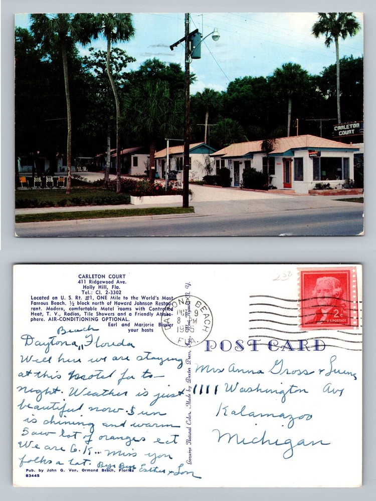 Holly Hill, FL-Florida, Carleton Court Motel Cabins Vintage c1958 Postcard