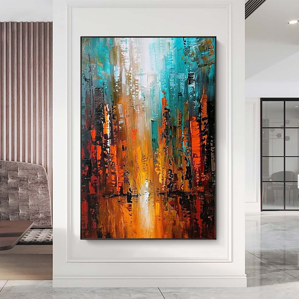 Large Hand-Painted Modern Reflection CityWall Art Abstract Cityscape Canvas red