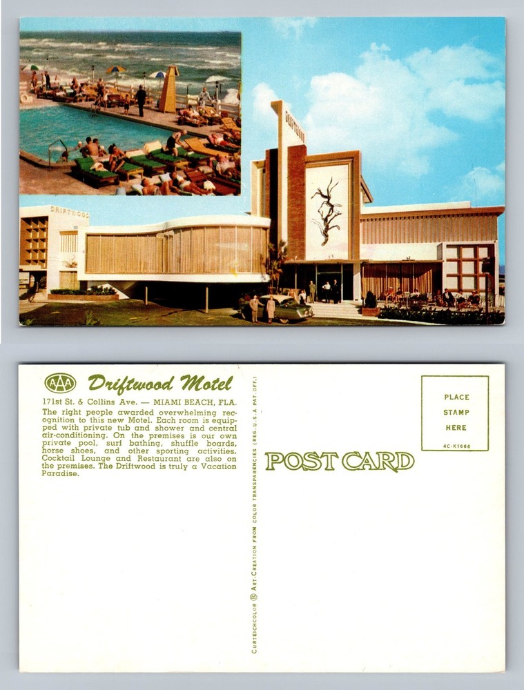 Miami Beach, FL-Florida, Driftwood Motel Ocean Pool View Card Vintage Postcard