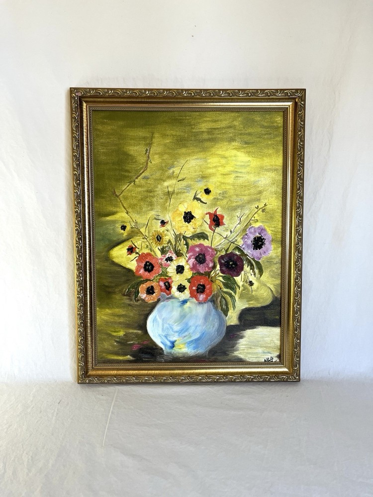 Vintage Framed Floral Original Painting of Poppies and Anemone Signed