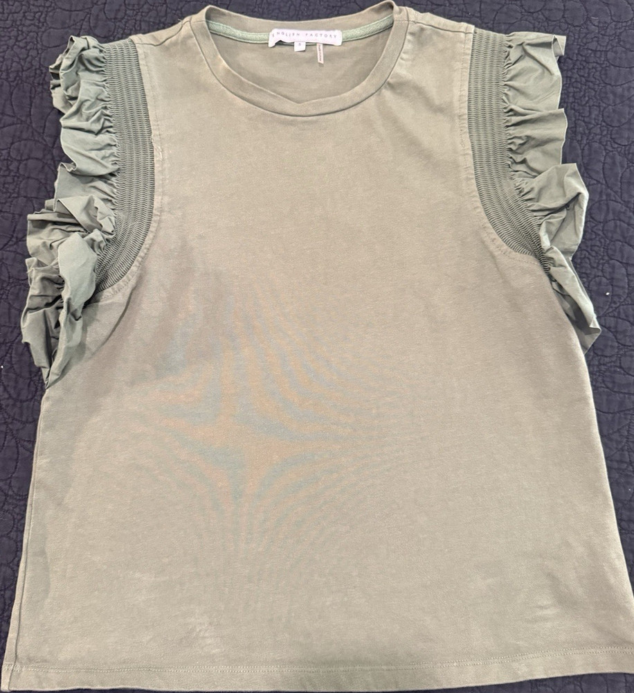 English Factory Women’s Green Solid Knit Ruffle Sleeveless Crew Neck Tank Top S