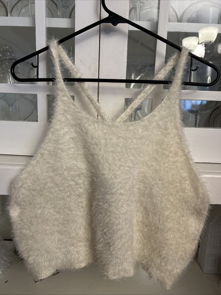 AERiE Women’s Fuzzy Crop Tank Top Sweater Cream Xl