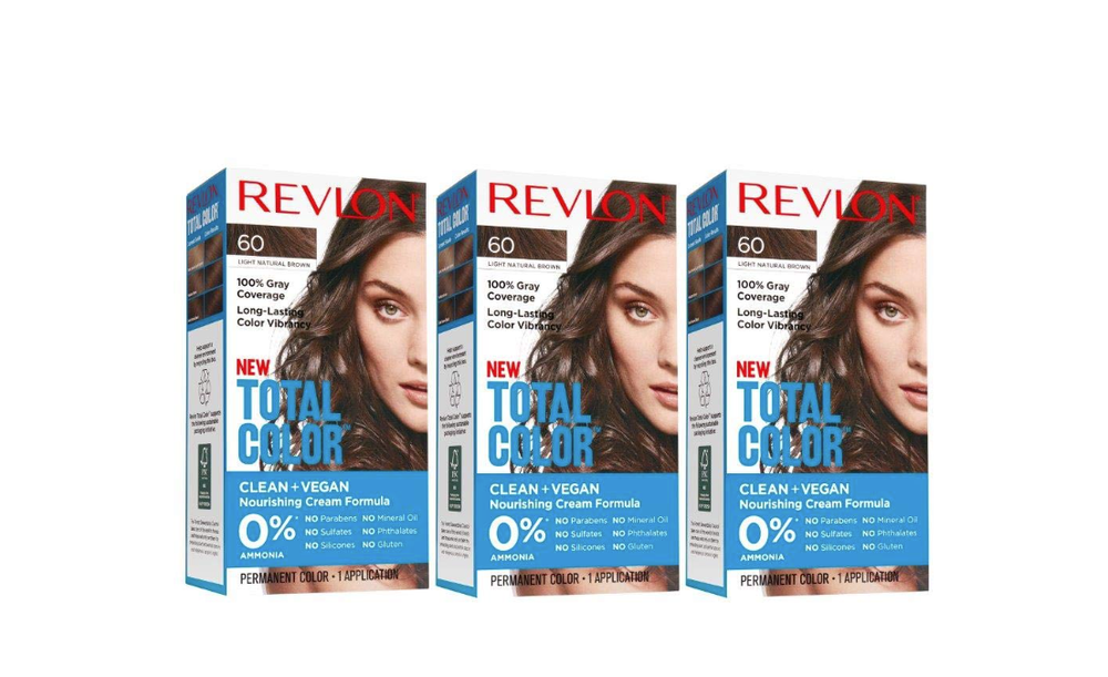 3PK REVLON Permanent Total Color # 60 • LIGHT NATURAL BROWN •Vegan Gray Coverage