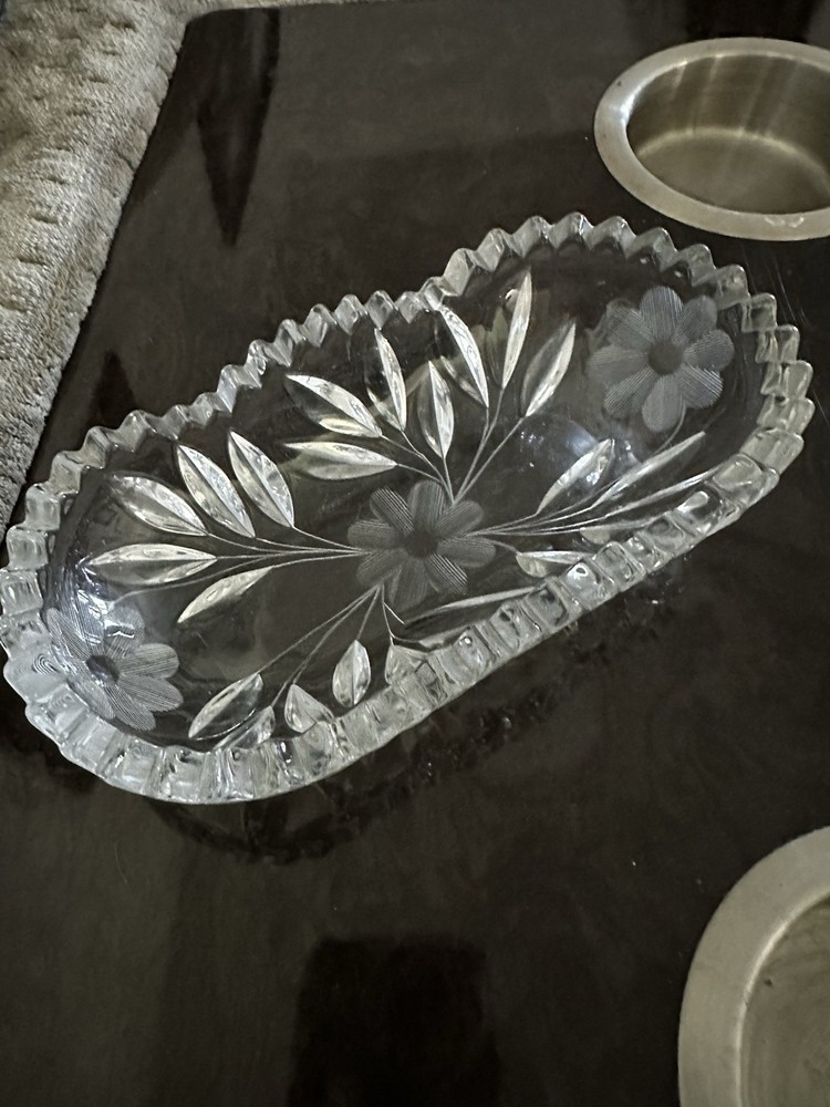 Antique ABP Cut Glass Oval Pickle/Relish Dish  Daisies And Vines Sawtooth Edge
