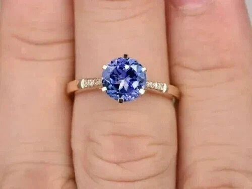 2.55 ct Round Cut Tanzanite & Diamond Engagement Ring Real 14k SOLID Yellow Gold