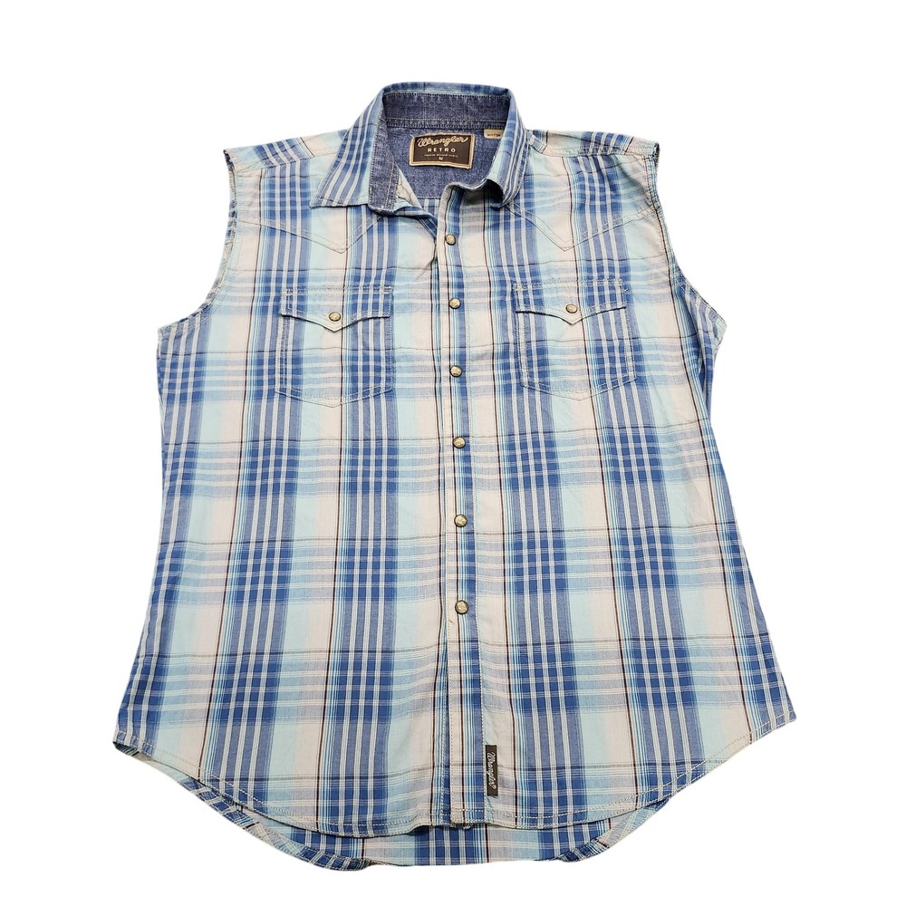 Wrangler Shirt Mens Medium Blue Plaid Sleeveless Snap Western Retro Casual