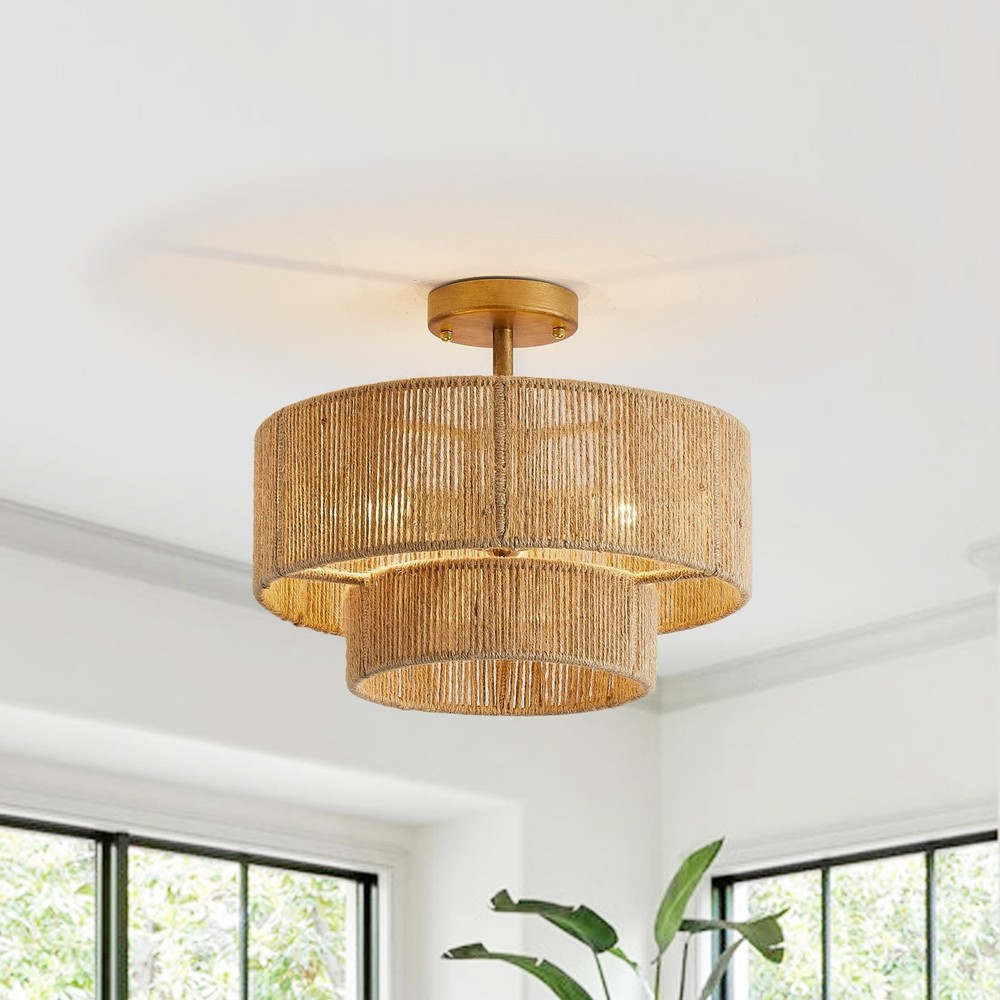 Bohemian Brown Hemp Rope 3-Light Semi Flush Mount Ceiling Light Fixture