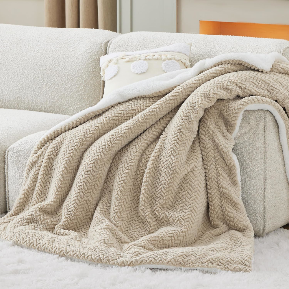 Herringbone Sherpa Throw Blanket 50x60 Inches - Cozy Warm Winter Blanket Beige