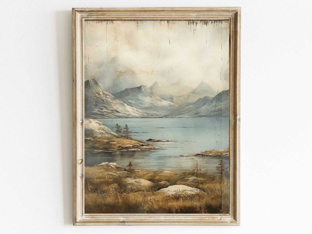 Lake Mountain Art Rustic Landscape Painting Vintage Nature Print Distressed