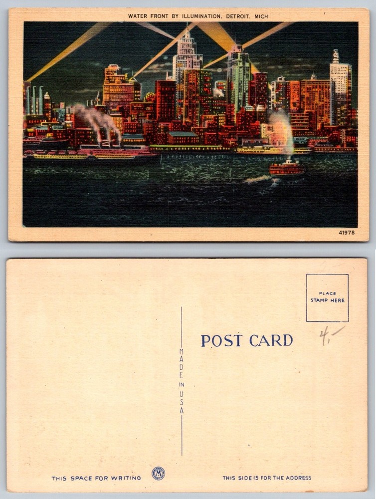 Vintage Detroit Waterfront by Illumination Linen Postcard Michigan Cityscape