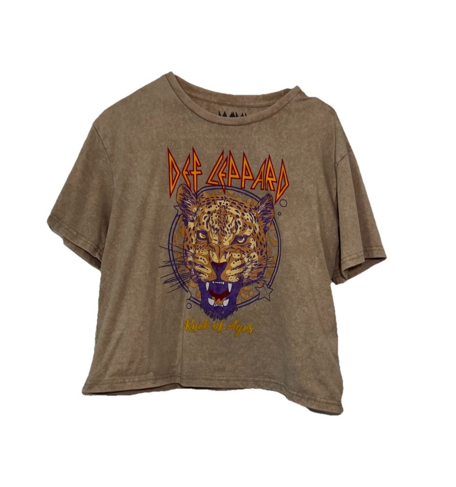 Def Leppard Crop T-Shirt Large Rock of Ages Graphic Tee Acid Wash Tan Brown L