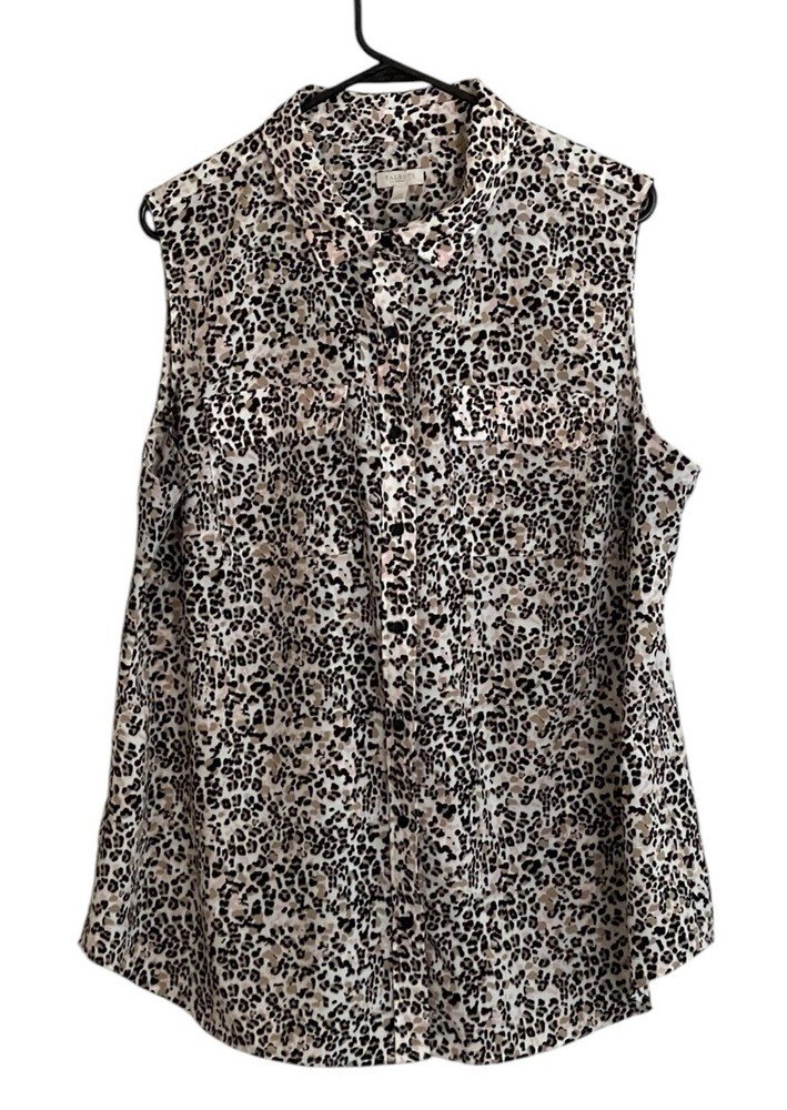 Talbots Women Sleeveless Tunic Top Sz 2X Pink Leopard Print Button Front
