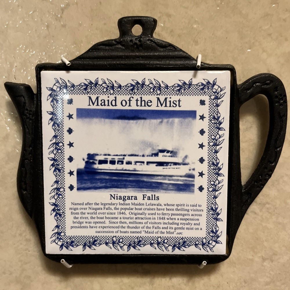 Vintage Cast Iron Kettle Tea Pot with Niagara Falls Maid of the Mist Trivet Tile