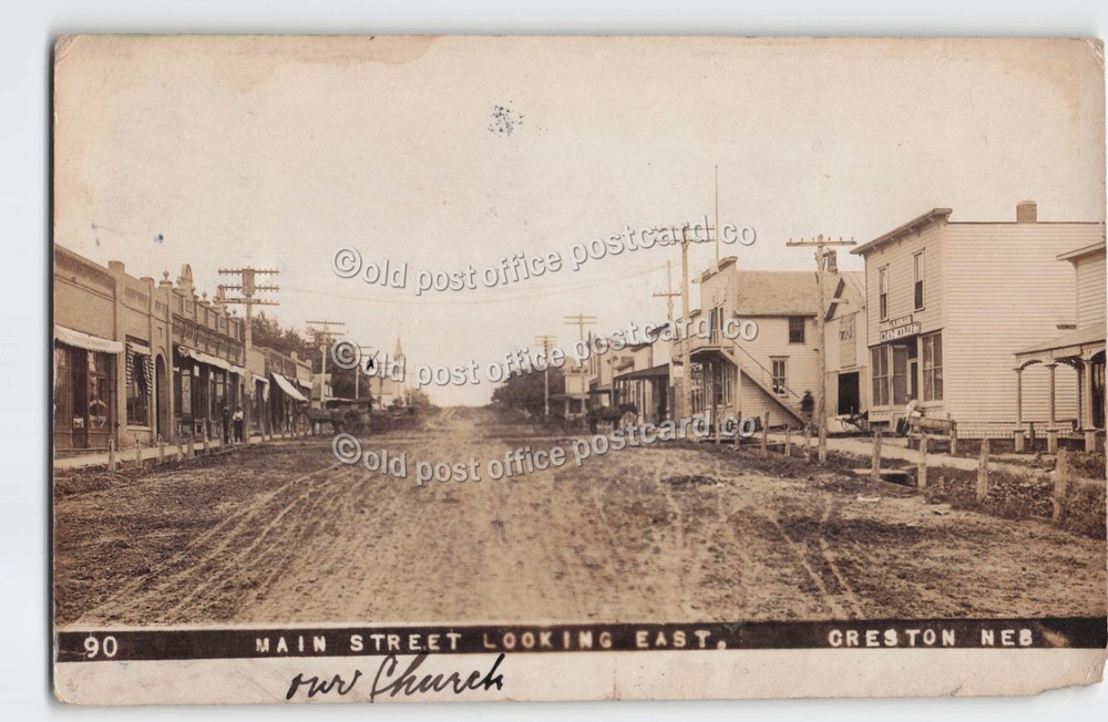 Creston, Nebraska-Dirt Main Street Scene-1910-Stores-RPPC Real Photo Postcard