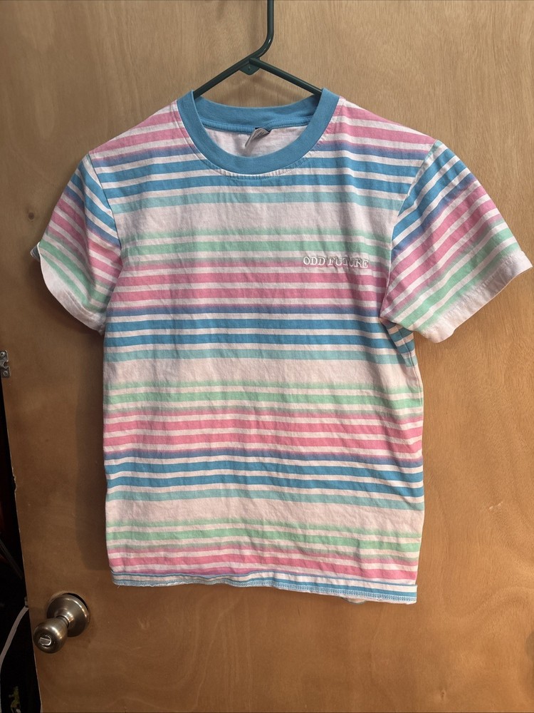 Men's Odd Future pink teal striped 100% cotton crew neck t shirt size small
