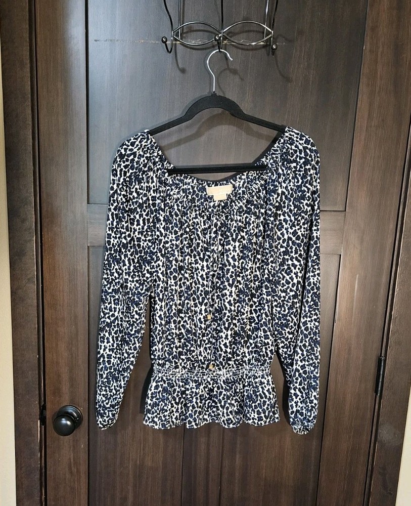 EUC Women's Michael Kors Animal Print Satin Smocked Waist Blouse Top Size Large